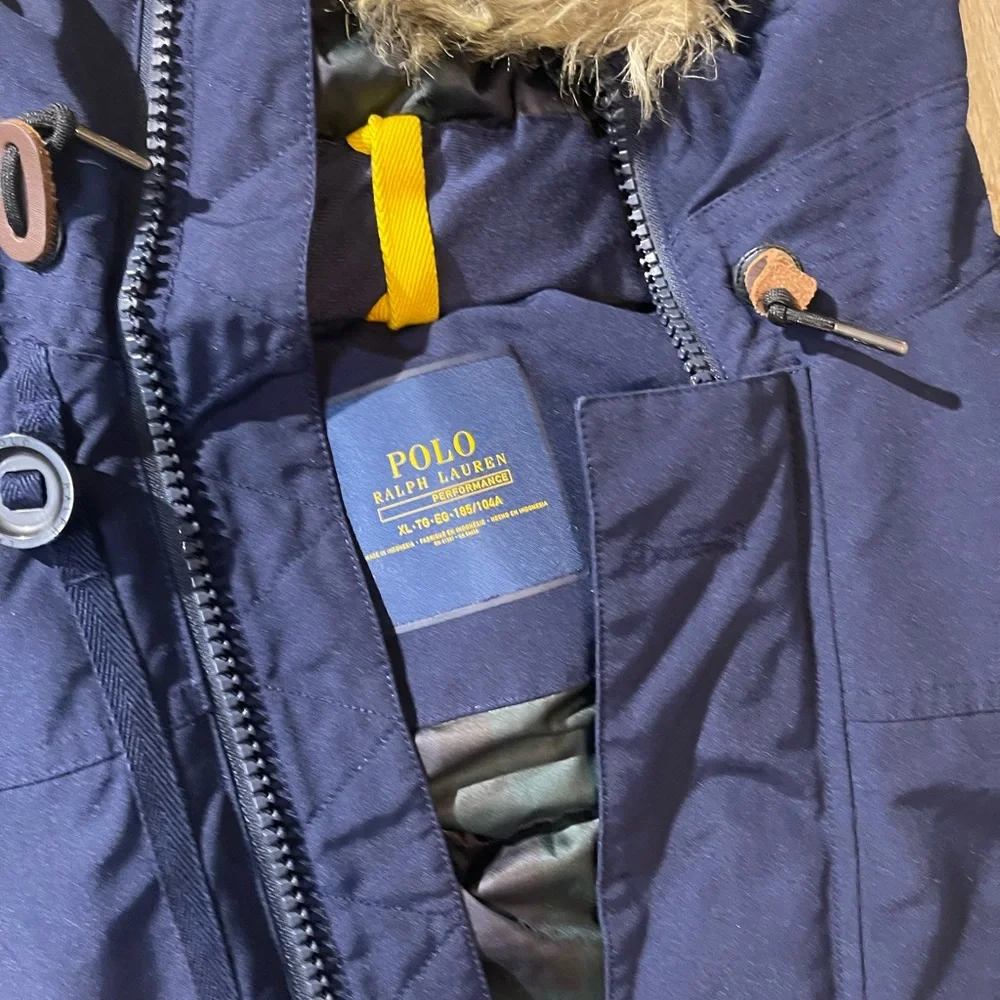 Polo by Ralph Lauren Navy Hooded Puffer Parka with Faux Fur Trim